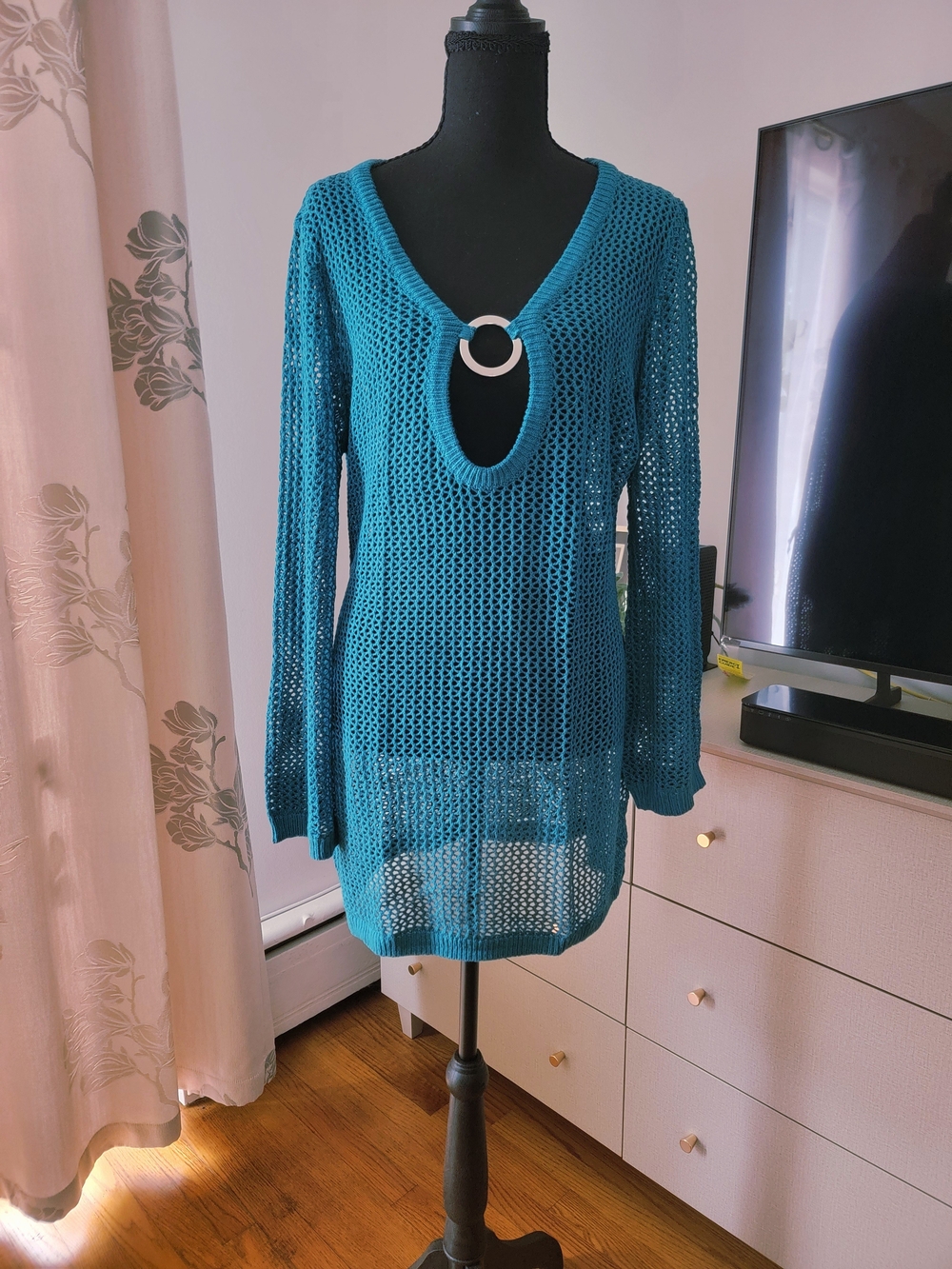 ANRABESS Crochet Knit O-Ring V-Neck Long Sleeve Beach Swimsuit Cover Up - Size L